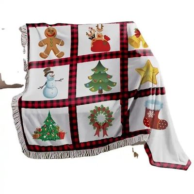 Polyester kerstbedrukte subbank gooi deken met rode plaid panel en Tassel Trim