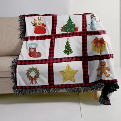 Polyester kerstbedrukte subbank gooi deken met rode plaid panel en Tassel Trim