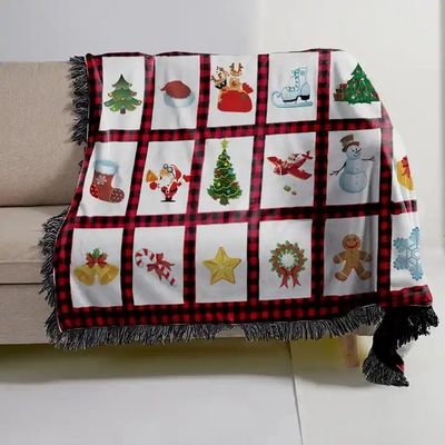 Polyester kerstbedrukte subbank gooi deken met rode plaid panel en Tassel Trim