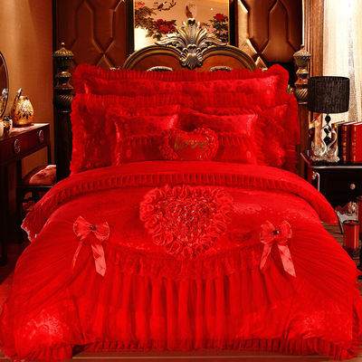 100% katoen Solid Color Velvet Lace Bed Decollet Cover Fitted Skirt Sheets 4pcs Bedden Set