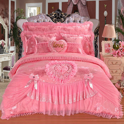 100% katoen Solid Color Velvet Lace Bed Decollet Cover Fitted Skirt Sheets 4pcs Bedden Set