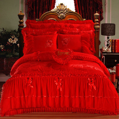 100% katoen Solid Color Velvet Lace Bed Decollet Cover Fitted Skirt Sheets 4pcs Bedden Set