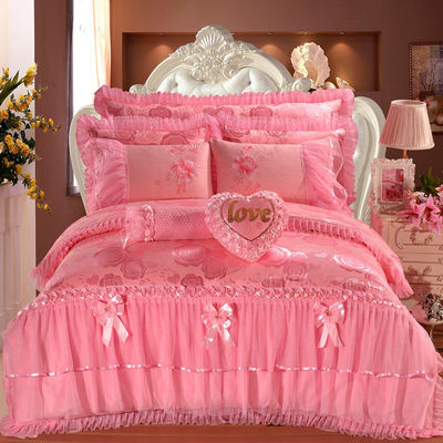 100% katoen Solid Color Velvet Lace Bed Decollet Cover Fitted Skirt Sheets 4pcs Bedden Set