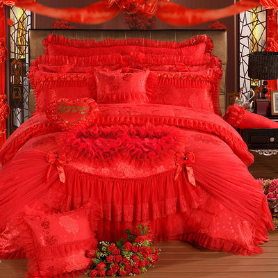 100% katoen Solid Color Velvet Lace Bed Decollet Cover Fitted Skirt Sheets 4pcs Bedden Set
