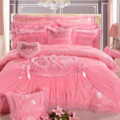 100% katoen Solid Color Velvet Lace Bed Decollet Cover Fitted Skirt Sheets 4pcs Bedden Set