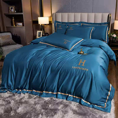 Home Polyester Luxe geborduurd wasgoed Zilk beddengoed Set met solide kleur dekbed