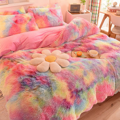 Huis Hotel Huwelijk Regenboogkleur Fake Fur Velvet Fluffy Plush Soft Bed Set 4 stukken