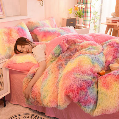 Huis Hotel Huwelijk Regenboogkleur Fake Fur Velvet Fluffy Plush Soft Bed Set 4 stukken