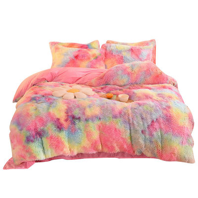 Huis Hotel Huwelijk Regenboogkleur Fake Fur Velvet Fluffy Plush Soft Bed Set 4 stukken
