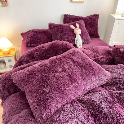 200TC draadgetal Paarse kleur Luxe Shaggy Warm Mink Velvet Bedden Set voor de winter