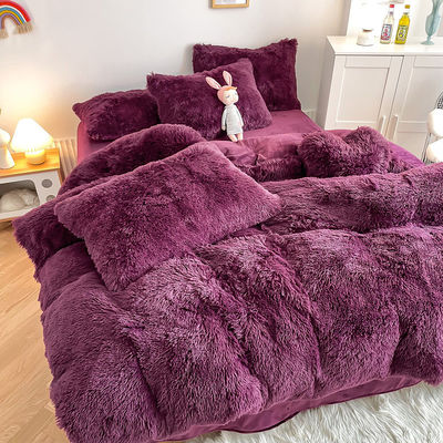 200TC draadgetal Paarse kleur Luxe Shaggy Warm Mink Velvet Bedden Set voor de winter