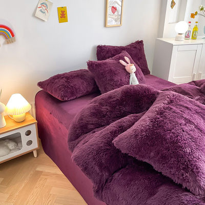 200TC draadgetal Paarse kleur Luxe Shaggy Warm Mink Velvet Bedden Set voor de winter
