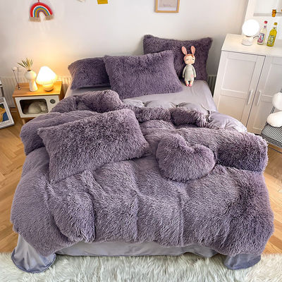 Prinses Stijl Grijs Paars Shaggy Warm Mink Velvet Crystal Duvet Cover Set voor de winter