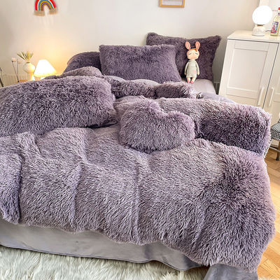 Prinses Stijl Grijs Paars Shaggy Warm Mink Velvet Crystal Duvet Cover Set voor de winter