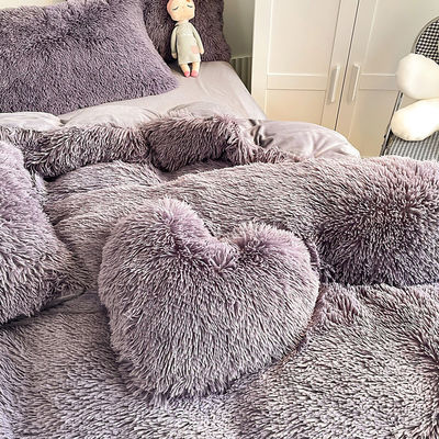 Prinses Stijl Grijs Paars Shaggy Warm Mink Velvet Crystal Duvet Cover Set voor de winter