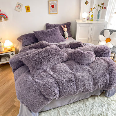 Prinses Stijl Grijs Paars Shaggy Warm Mink Velvet Crystal Duvet Cover Set voor de winter