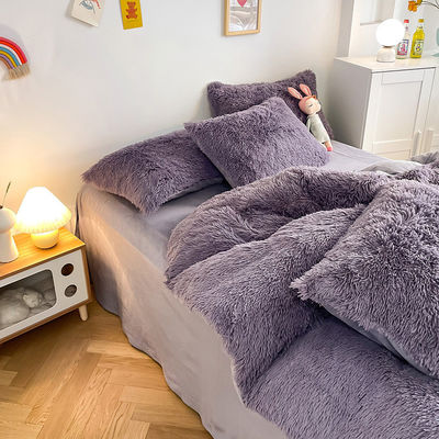 Prinses Stijl Grijs Paars Shaggy Warm Mink Velvet Crystal Duvet Cover Set voor de winter