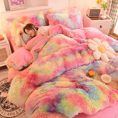 Moderne stijl Regenboogkleur Shaggy Mink Velvet Crystal Velvet Bed Bed Bedden Dekbed Set