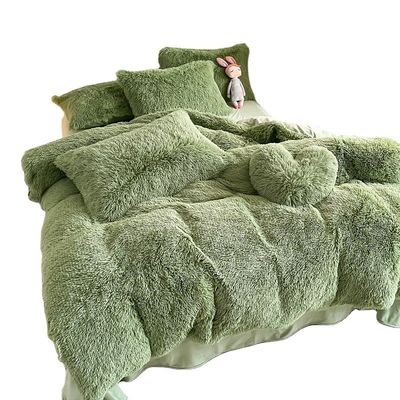 Ins Moss Groen Luxe Shaggy Warm Mink Velvet Crystal Bed Linen Set voor Winter Bed Linen