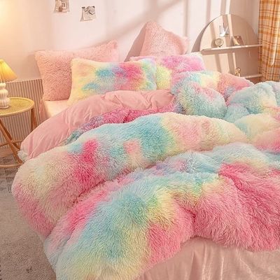 200TC draad tellen beddengoed Set vals bont dekbed Mink regenboog pluis Fluffy luxe ingebouwde lakens Set