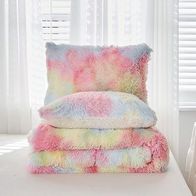 200TC draad tellen beddengoed Set vals bont dekbed Mink regenboog pluis Fluffy luxe ingebouwde lakens Set