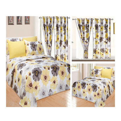Home 100% polyester geel bloemen bedden set met 2 gordijnen 8 stukken