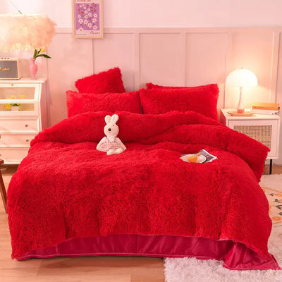 4 stuks Queen Size dekbed met satine rok en katoenen fluwelen bedmateriaal
