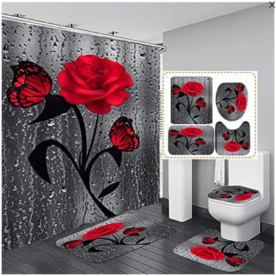 Custom Rose Flower 100% Polyester Waterdicht Douchegordijn Badkamer 4pcs Set Top-