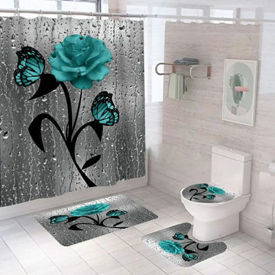 Custom Rose Flower 100% Polyester Waterdicht Douchegordijn Badkamer 4pcs Set Top-