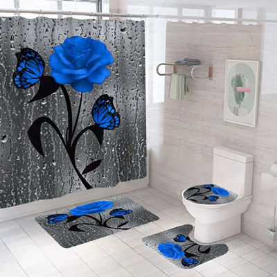 Custom Rose Flower 100% Polyester Waterdicht Douchegordijn Badkamer 4pcs Set Top-
