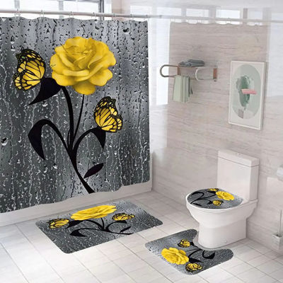 Custom Rose Flower 100% Polyester Waterdicht Douchegordijn Badkamer 4pcs Set Top-
