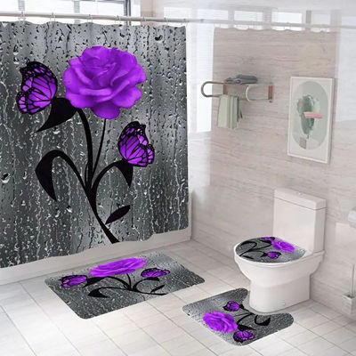Custom Rose Flower 100% Polyester Waterdicht Douchegordijn Badkamer 4pcs Set Top-