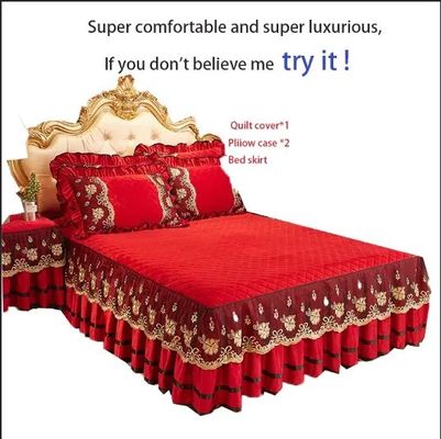 Slijpen Europese winterbedden Set borduurwerk Luxe lakens kant bedrok cover