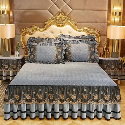 Slijpen Europese winterbedden Set borduurwerk Luxe lakens kant bedrok cover
