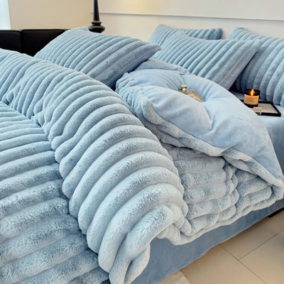 GARD GEKLEURD Konijn Fals Fur Fluffy Plush Warm Duvet Cover Set Vier stukken beddengoed Set