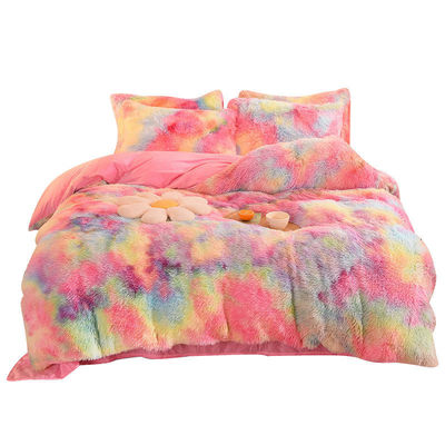 Regenboogkleur Fake Fur Velvet Fluffy Plush Soft Bed Set 4 stukken Perfect voor thuis